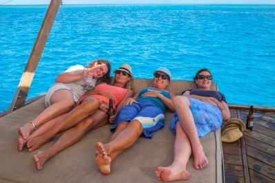 The girls enjoying the sunbeds: Lori, KL, Irene and Sandra
